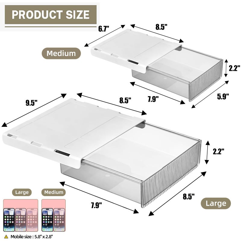 TooCust 2Pcs Under Desk Storage Drawers Slide Out,Large&Medium,Stick On Desk Drawer Under Desk,Under Desk Organizer Hidden Under Table Drawer for Home Office School Organization and Storage-Transparent White - Image 4